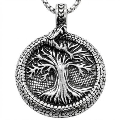 Zilverkleurige ketting met levensboom en slang hanger voor heren – Viking stijl – ronde symboolhanger – schakelketting