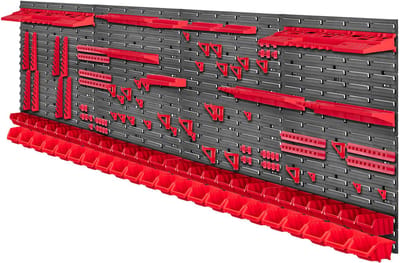 KADAX Gereedschapswandrek, groot, 232 x 78 cm, opslagsysteem van robuust kunststof, uv-bestendig modulesysteem, uitbreidbare wandplaten, werkplaatsrek voor garage (rood, 140 stuks)