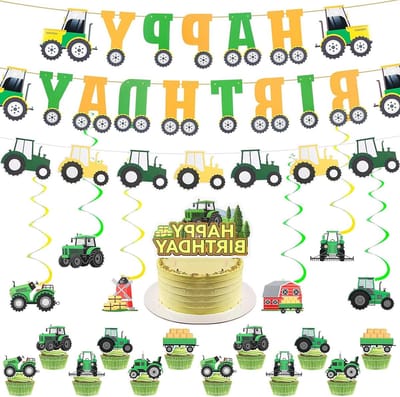 Tractor Verjaardagsdecoratie 30 Stuks - Boerderijthema Versiering met Banner, Slingers en Cupcake Toppers voor Jongens en Meisjes