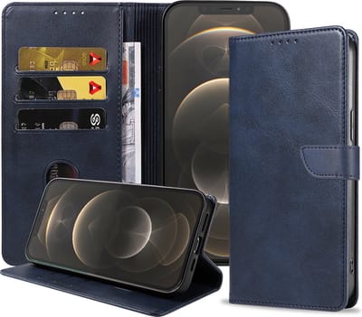 Geschikt voor iPhone 12 Pro Max Telefoonhoesje Kunstleer met Magnetisch lipje en Pasjeshouder Book Case met Klepje - Blauw - Smartphonica geschikt voor iPhone 12 Pro Max