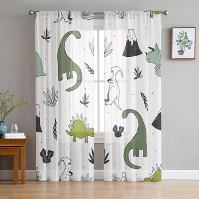 Dinosaurus Groen Gevuld Transparant Gordijn voor Woonkamer Hal Muur Aankleden Huis Raambenodigdheden Pop Print Tule Gordijnen 135W x 213H(cm)