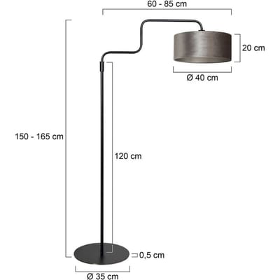 Zwarte vloerlamp Bloeba 4167ZW van Steinhauer, met verstelbare hoogte van 150-165 cm, draai- en uitschuifbare arm, met grijs velours kap van Ø40cm, ideaal voor binnengebruik