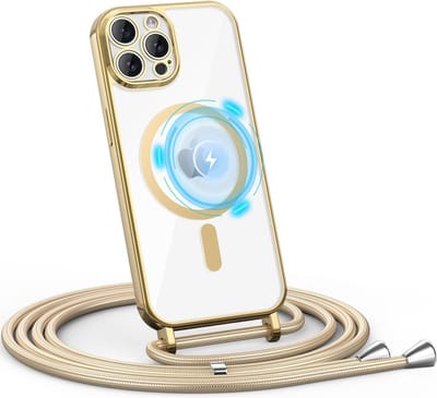 Casemania Hoesje Geschikt voor Apple iPhone 16 Pro - Goud - Siliconen Back Cover met Koord - Geschikt voor MagSafe - Telefoonhoesje met Koord - Crossbody Lanyard Cord Case