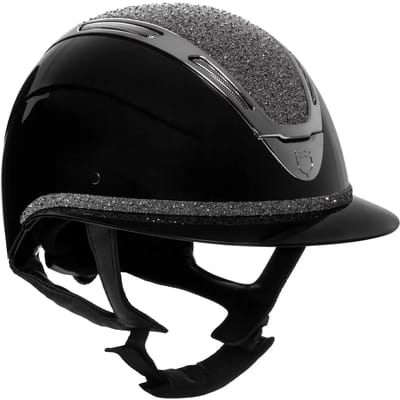 Polo paardrijhelm met visier, diamanten en glanzende schaal voor dames Equestro Apocalypse