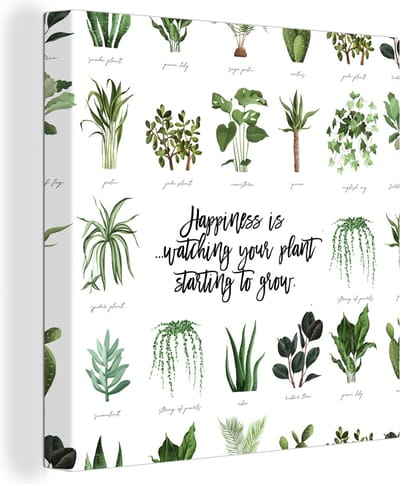 Canvas Schilderij Quotes - Happiness is... watching your plant starting to grow - Spreuken - 20x20 cm - Wanddecoratie