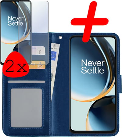 Hoesje Met 2x Screenprotector - Geschikt voor OnePlus Nord CE 3 Lite - Luxe Pasjeshouder - Bookcase Portemonee - Flip Case - Kunstleer Book Case - Flipcase Hoes - Book Cover - Walletcase - Portemonneehoes - Donkerblauw