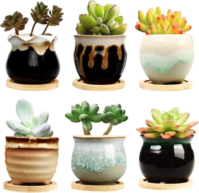 Famanu - Set van 6 keramische mini vetplantpotten met drainage 6 cm