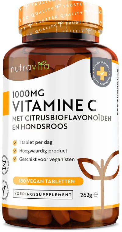 Nutravita Vitamine C 1000 mg – Ascorbinezuur Voedingssupplementen voor je weerstand met hoge sterkte, 180 vegan en vegetarische immuun tabletten (6 maanden voorraad), met toegevoegde bioflavonoïden en rozenbottel, voor normaal immuunsysteem