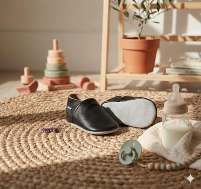Stabifoot Babyslofjes – Zacht Leer – Cadeaudoos - Linnen zakje - Barefoot - BLACK 18 - 24