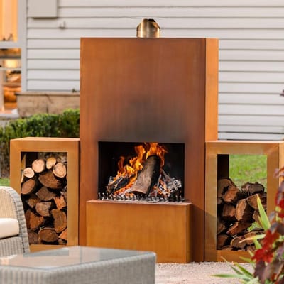 GardenMaxX Tuinhaard Pinacate XL Corten - Woodbox Edition - Terraskachel - Houtopslag - BBQ Grill