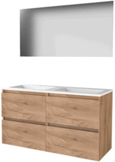 Basic-Line Ultimate 46 Badkamermeubelset - 120 x 46 cm - Greeploos - 4 Lades - Acryl Wastafel - 2 Kraangaten - Spiegel met Indirecte LED Verlichting - Whisky Oak