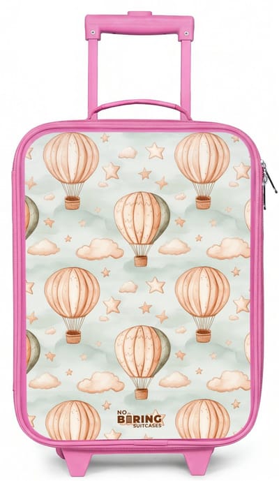NoBoringSuitcases.com® - Kinderkoffer roze - Kindertrolley meisje - Vintage luchtballonnen in sepia met wolken en sterren - Koffer kind lichtgewicht - Reiskoffer trolley voor kinderen - Koffertje met lichtgevende wieltjes - Rolkoffer