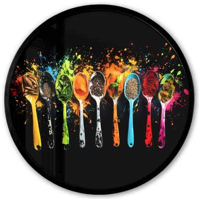 Poster in lijst Rond - Fotolijst 40x40 cm - Posters - Lepels - Kruiden - Modern - Graffiti - Verf - Kleurrijk - Ronde posterlijst zwart - Decoratie - Wanddecoratie woonkamer - Muurdecoratie slaapkamer