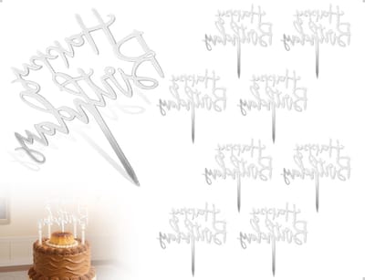 8-delige Herbruikbare Cake Decoratie voor Verjaardagen, Babyshowers en Feestjes - Acryl Decor in Zilver voor Taarten en Desserts