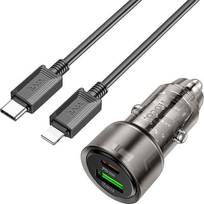 Hoco - Autolader met USB C naar Lightning Kabel (1 Meter) - Snellader 38W - PD20W + QC3.0 - Zwart