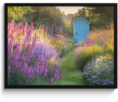 Poster in lijst - Fotolijst 70x50 cm - Posters - Tuinhuisje - Blauw - Bloemen - Posterlijst zwart - Decoratie - Wanddecoratie woonkamer - Muurdecoratie slaapkamer