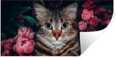 Muurstickers - Sticker Folie - Kat - Bloemen - Dieren - Botanisch - 40x20 cm - Plakfolie - Muurstickers Kinderkamer - Zelfklevend Behang - Zelfklevend behangpapier - Stickerfolie