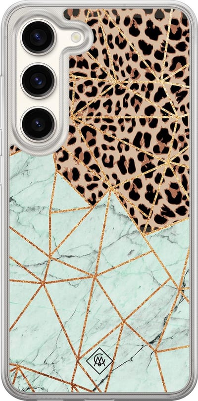 Casimoda® hoesje - Geschikt voor Samsung Galaxy S23 - Luipaard Marmer Mint - 2-in-1 case - Schokbestendig - Luipaardprint - Verhoogde randen - Mint, Transparant