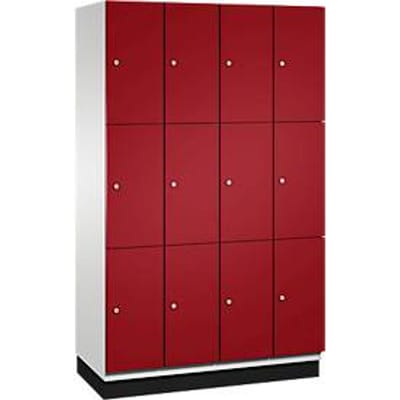 C+P Cambio lockerkast, 4 vakken, 12 vakken, met plint, B 1200 x D 525 x H 1980 mm, lichtgrijs/ruinrood