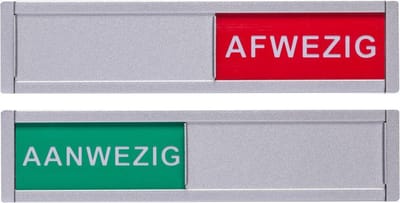 Xaptovi Schuifbordje kantoor met tekst Aanwezig Afwezig – 3M dubbelzijdig bevestiging