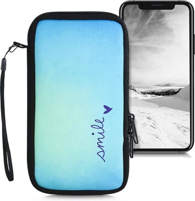 kwmobile hoesje voor smartphones XL - 6,7/6,8" - hoes van Neopreen - Smile en Hartje design - blauw / turquoise - binnenmaat 17,2 x 8,4 cm
