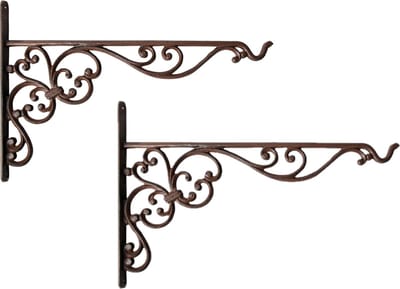 Esschert Design Muurhaak/plantenhaak met sierkrullen - 2x stuks - bruin - voor plantenpotten - gietijzer - 35 x 25 cm - hanging baskets