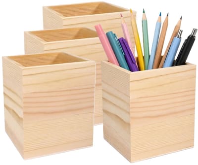Concorde Pennenbakje - 4x - hout - 8 x 8 x 10 cm - vierkant - bureau organizer