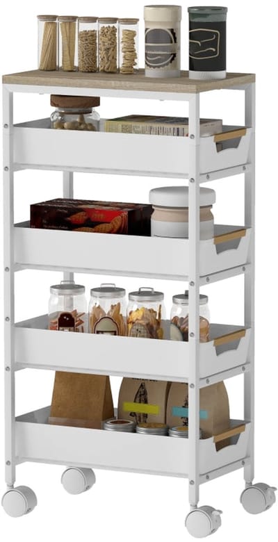 Merax 5-laags Keukenwagen – Smalle Rollende Opbergwagen met 4 Laden – Houten Look Bovenblad – Metalen Frame – Wit – 39.5×24×82 cm