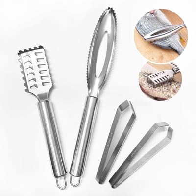 Set van 4 RVS Vis Schubben Verwijderaars en Visgraat Pincetten voor Professionele Keuken, Ideaal voor Vis Schoonmaak en Bereiding
