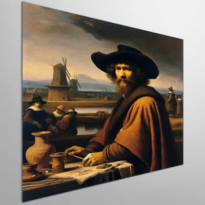 Doodle rembrandt schilderij | Rembrandt's Doodled Masterpiece: an Artistic Ode to the Dutch Master | Kunst - 80x80 centimeter op Dibond | Foto op Dibond