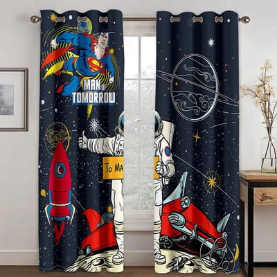 3D Cartoon Ruimte Planeet Ruimteschip Universum Kinderen Dunne Gordijnen voor Jongens Woonkamer Slaapkamer Decor 2 Panelen 100W130H(CM)40x51in&Hook