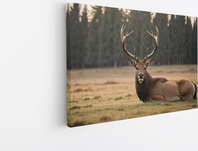 Saammp Canvas Schilderij - Liggend Hert in de wei - Natuur - Dieren - 45x30 - Foto op canvas - Wanddecoratie - Muurdecoratie Woonkamer - Slaapkamer decoratie - Canvas Print