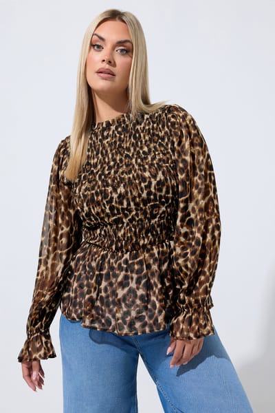 Limited Collection Bruine Gesmokte Top Met Luipaardprint Size 38