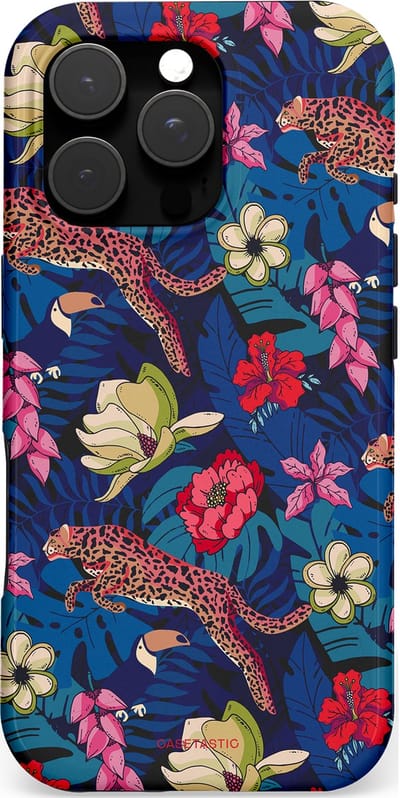 Casetastic hoesje geschikt voor Apple iPhone 16 Pro - MagSafe - Dubbellaagse bescherming - Jungle parade - Fashion Case - Donkerblauw Bordeaux Taupe Donkergrijs