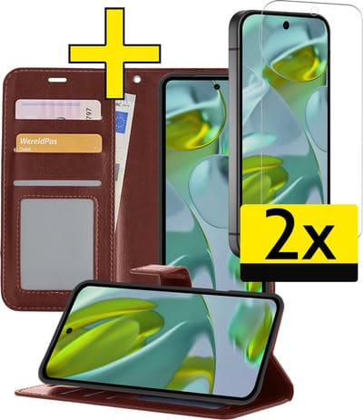 Hoesje - Met 2x Screenprotector - Geschikt voor Google Pixel 9 - Luxe Pasjeshouder - Bookcase Portemonee - Flip Case - Kunstleer Book Case - Flipcase Hoes - Book Cover - Walletcase - Portemonneehoes - Telefoonhoesjes - Bruin