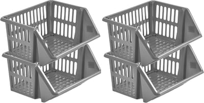 Whitefurze Mand/organizer - 4x - stapelbaar - grijs - 35 x 29 x 17 cm