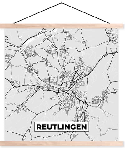 Posterhanger incl. Poster 40x40 cm - Schoolplaat - Kaart - Plattegrond - Stadskaart - Duitsland - Reutlingen - Textielposter - Blanke latten - Stadskaart