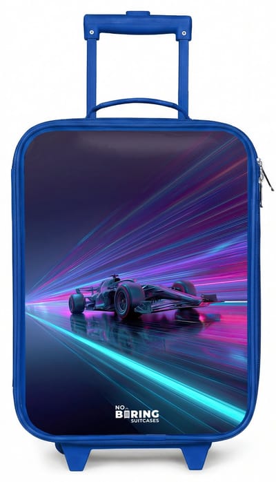 NoBoringSuitcases.com® - Kinderkoffer blauw - Kindertrolley jongen - Neon - Raceauto - Lichtstrepen - Paars - Koffer kind lichtgewicht - Reiskoffer trolley voor kinderen - Koffertje met lichtgevende wieltjes - Rolkoffer