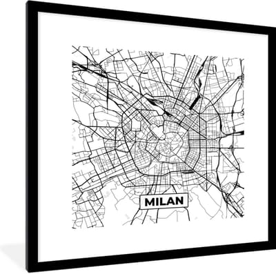 Fotolijst incl. Poster Zwart Wit- Kaart - Milaan - Stadskaart - Zwart Wit - Plattegrond - 40x40 cm - Posterlijst