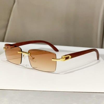 Randloze Zonnebril Voor Heren Dames Houten Patroon Luxe Retro Zonnebril Mode Shades UV400 Reizen Buiten brown