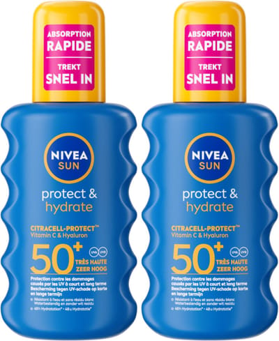 NIVEA SUN Protect & Hydrate Zonnebrand Spray - SPF 50 - Zonnespray - Hydrateert - Met Vitamine C - Duopack - 2x 200 ml