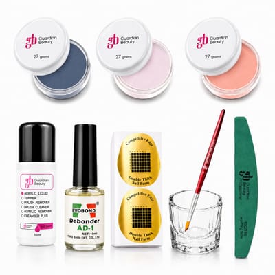 Guardian Beauty Acrylpoeder Set - 3 Kleuren - 27g - Imperial Blue, Transparant en Perzik Roze - Met Accessoires