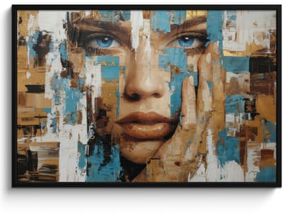 Poster in lijst - Fotolijst 120x80 cm - Posters - Abstract - Penseelstreken - Blauw - Gezicht - Posterlijst zwart - Decoratie - Wanddecoratie woonkamer - Muurdecoratie slaapkamer