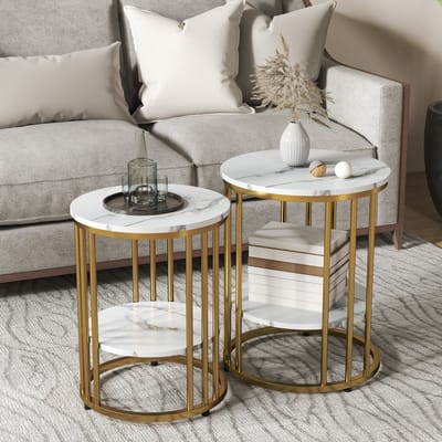 REDOM Salontafel set van 2, rond houtlook met onderblad en metalen frame, wit