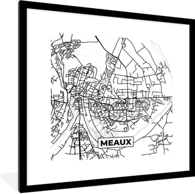 Fotolijst incl. Poster Zwart Wit- Stadskaart - Frankrijk - Meaux - Kaart - Plattegrond - Zwart wit - 40x40 cm - Posterlijst