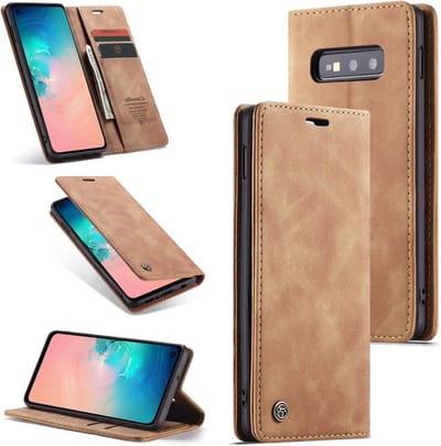 Premium lederen klaphoes voor Galaxy S10e met standfunctie, opvouwbaar ontwerp en kaartenvak, bruin