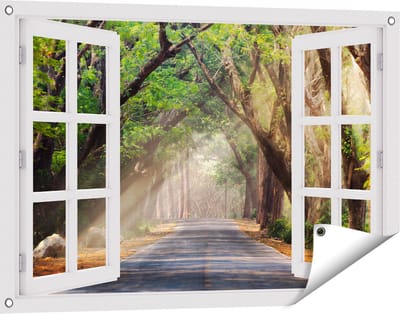 Gards Tuinposter Doorkijk Weg Omringd met Bomen - 90x60 cm - Tuindoek - Tuindecoratie - Wanddecoratie buiten - Tuinschilderij