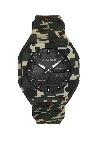 Daniel Klein DK.2328-5 - Horloge - Polshorloge- Analoog- Digitaal- Heren- Mannen- Achthoek- Rubberen band- ABS- Strepen-Reset-12/24u -Start-Stop- Alarm -Stopwatch-Timer- Datumaanduiding -Achtergrondverlichting- Donkergroen- Lichtgroen-Zwart-Bruin-Wit