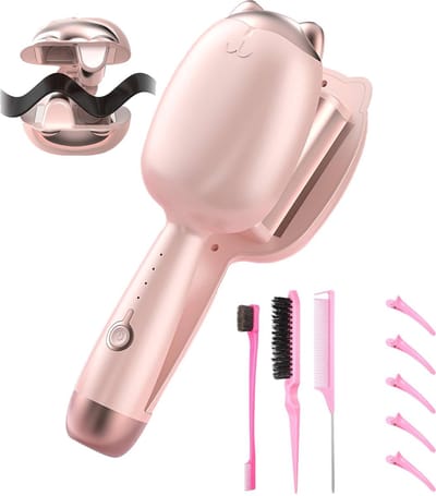 Krultang, beach wave curl bar, ion curler 1.26 inch dubbele vat vrouw, gemakkelijk te gebruiken, vier-snelheid instelling en automatische sluiting, roze