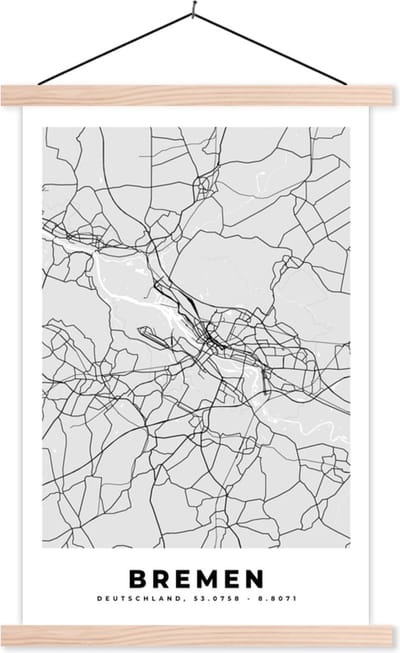 Posterhanger incl. Poster 40x60 cm - Schoolplaat - Bremen - Kaart - Stadskaart - Plattegrond - Duitsland - Textielposter - Blanke latten - Stadskaart